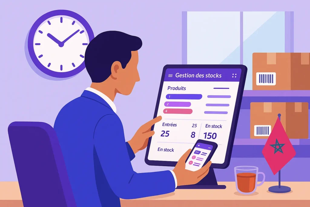 Illustration d’un professionnel marocain consultant un logiciel de gestion de stock en ligne sur une tablette et un smartphone, avec une horloge murale, des cartons de produits et un drapeau marocain en arrière-plan.