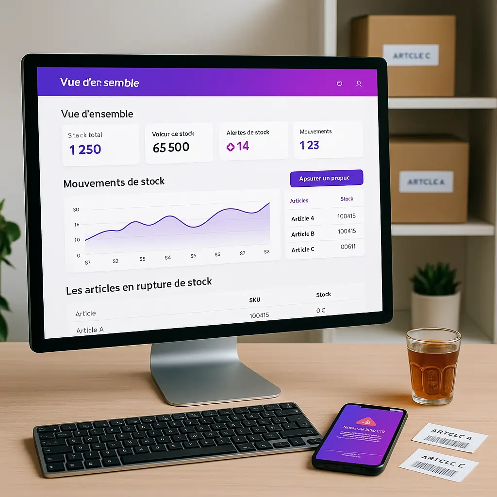 Une interface claire de gestion de stock sur Tasyire, 100 % en ligne et adaptée au marché marocain.