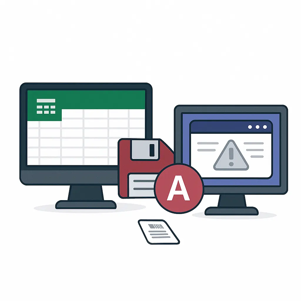 Illustration d’un écran Excel, d’une disquette Access et d’un logiciel desktop avec alerte, représentant les anciens outils de gestion de stock.